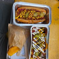 hot dog & loaded fries at Furahaa - Vegan in Paris