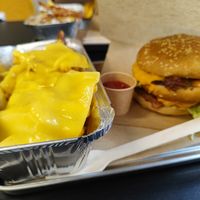 Double cheese burger with cheese fries at Furahaa - Vegan in Paris