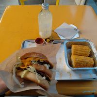 Delicious burger, great corn, spicy sauce and jalapeños at Furahaa - Vegan in Paris