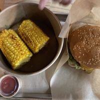 Corn and burger  at Furahaa - Vegan in Paris