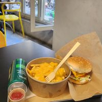 Chicken burger and cheese fries at Furahaa - Vegan in Paris