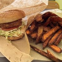 Fu chick burger and sweet potato fries   at Furahaa - Vegan in Paris