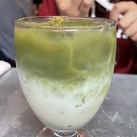 Iced matcha latte with oat milk at Bonjour Cafe in Boston