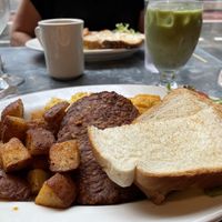 Scrambled “just egg” with plant based sausage at Bonjour Cafe in Boston