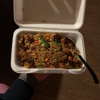 spicy satay beef fried rice at Loma House Vegetarian Express in Edmonton
