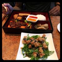 deep fried mushroom enoki and beef bento box at Loma House Vegetarian Express in Edmonton
