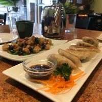 Potstickers and enoki mushroom rolls at Loma House Vegetarian Express in Edmonton