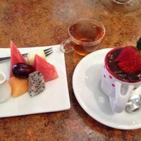 Desserts from daily special. Fruit and chocolate pudding.  at Loma House Vegetarian Express in Edmonton