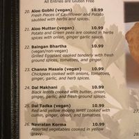 Clearly labeled vegan options  at Mantra Indian Cuisine & Spirits in Davenport