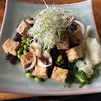 Tofu poke bowl with black rice, onion, edamame, sprouts, seaweed salad, ginger   at Kauai Poke Co in Koloa
