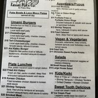 Lunch menu, clearly marked vegan and vegetarian options  at Kauai Poke Co in Koloa