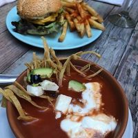 Vegan burger and vegan tortilla soup. Yum! at Paprika in San Miguel De Allende