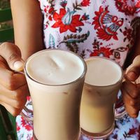 fresh sugarcane juice and coconut milk, blended and served cold if you ask for it with ice at Good Earth in Kuilapalayam