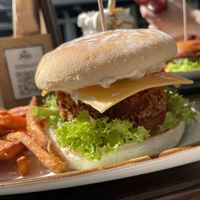 Close-up of vegan sweet potato burger  at Lenok's Burger - L15 in Mannheim
