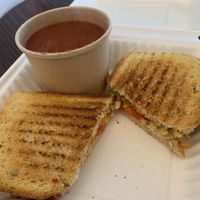 Grilled cashew cheese with tomato basil soup! Where are my ice skates…?  at Feel Good Smoothie Bar and Cafe in Oneonta