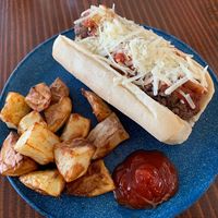 “Meatball” hero with cheez & air fried potatoes   at Feel Good Smoothie Bar and Cafe in Oneonta