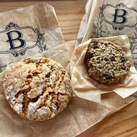 Peach bourbon tea biscuit (left) and seed and spice oatmeal raisin cookie (right) at Breads On Oak - Carondelet St in New Orleans