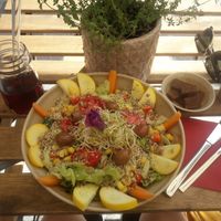 Salad with pizza croutons and grape juice at Alge in Villach