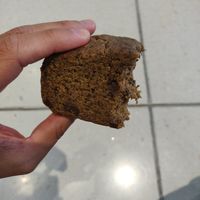 Banana bread after taking big bite at Bahji Bakery Rosales in Bogota