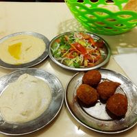 Hummus, tahini, falafel and green salad at Mohamed Ahmed in Alexandria