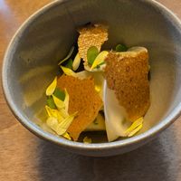 Turnip discs & wedges with rye crisps, charred baby leek and fermented lemon at Bellies in Stavanger