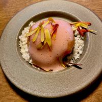 Poached plum with almond ice cream, rhubarb and rose foam at Bellies in Stavanger