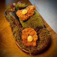 My favourite dish - panko-coated oyster mushroom with horseradish cream, and a crispy celery cup with micro-herbs at Bellies in Stavanger