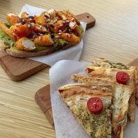 “Bacon and cheese” toast and “shrimp” toast  at Moko Veggie Café - Alvalade in Lisbon