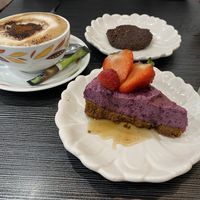 Cappuccino, raw vegan chocolate cookie, speculoos & berries cake  at Healthy Lounge in Antibes