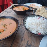 Butter masala curry (vegan) with rice and nan. at Namaste@OMNOM in North London