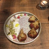 Beetroot wontons & coconut cream  at Namaste@OMNOM in North London