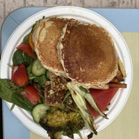 Vegan Supreme Breakfast (pancakes, tofu, roasted veggies, salad, garlic fries and fruit)   at Karine's in Toronto