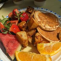 Vegan supreme with pesto tofu and pancakes at Karine's in Toronto