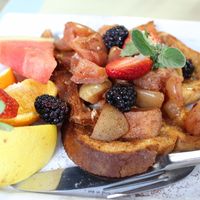 Vegan french toast topped with apple cinnamon at Karine's in Toronto