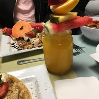 Orange juice and the (complete) vegan waffle at Karine's in Toronto