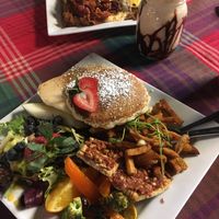 Vegan supreme with pancakes and PBC shake with soy milk  at Karine's in Toronto