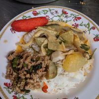 Plate of rice, veggies and mock meat at Art Aharn Jay in Bangkok