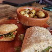 Sandwich de la abuela with naked potatoes at Cafe Bohème   in Antigua