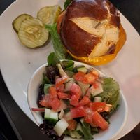 Vegan chicken pretzel sandwich at Mom's Kitchen & Bar in New York City