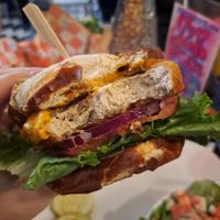 Vegan chicken pretzel sandwich at Mom's Kitchen & Bar in New York City