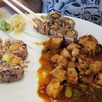 Tuna roll, chicken katsu, and spicy tofu at V.L.C Vegan Eatery in Orlando