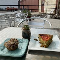 The vegan quiche and the vegan blackberry lemon muffin! Both gluten free as well. at Roots Zero Waste Market in Boise