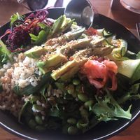 The Poke Bowl is back 😍 (brown rice, edamame, pickled ginger, spring onions, julienne carrots, dried shallots, ginger sesame soy dressing)  at 4 Pines in Newport
