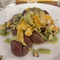 Pasta filled with potato, zucchini sauce, Sage and zucchini fritter   at Sfoglia Rina in Bologna