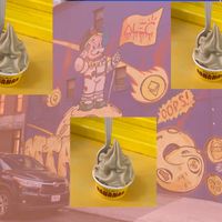 Banana-ice-cream cup (superimposed over funky mural across the street from venue) at Morgenstern's BANANAS in New York City