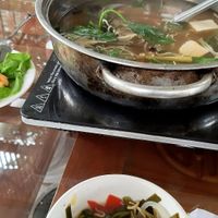 The vegan hot pot, we already put some stuff in here at Sao Khe Restaurant and Homestay in Ninh Xuan