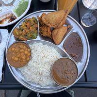 Vegan thali. (The lassi pictured is not vegan)  at Sartaj India Cafe in Sausalito