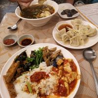 'Healthy rice set meal' and both dumplings options from the menu at Guó Xiāng Yuán SùShí 國香園素食 in Hualien
