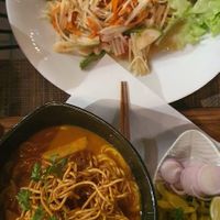 Khao soi and papaya salad at Downtown - Vegan Garden Restaurant in Chiang Mai