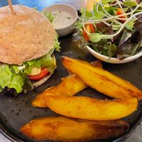 Beet-based vegan burger and fries at Downtown - Vegan Garden Restaurant in Chiang Mai